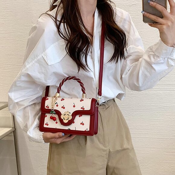 Chic Vegan Leather Crossbody Bag with Cherry Pattern - Stylish Satchel Tote - Picture 4 of 7